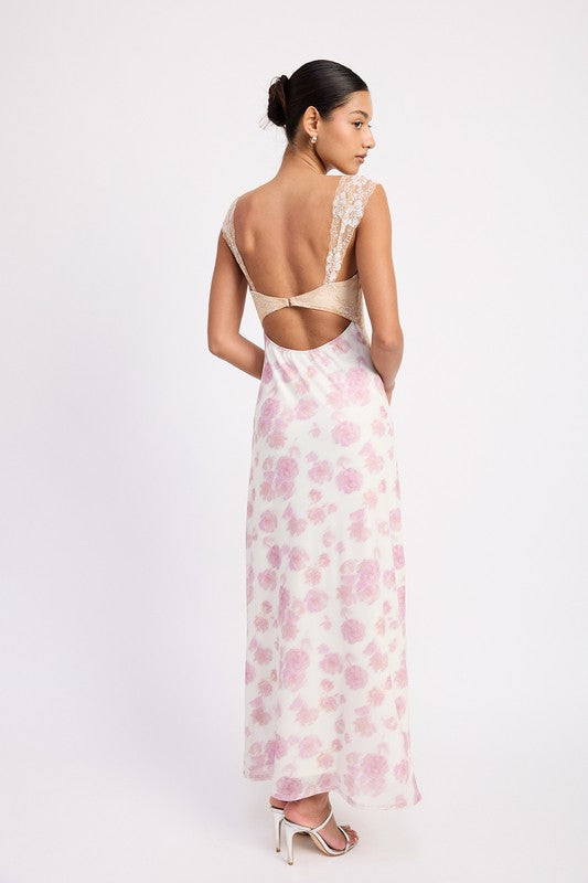 Emory Park | Floral Mesh Lace Trim Maxi Dress