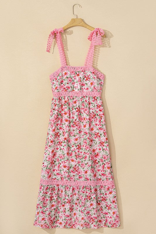 Pink Floral Lace Tied Strap Empire Waist Dress