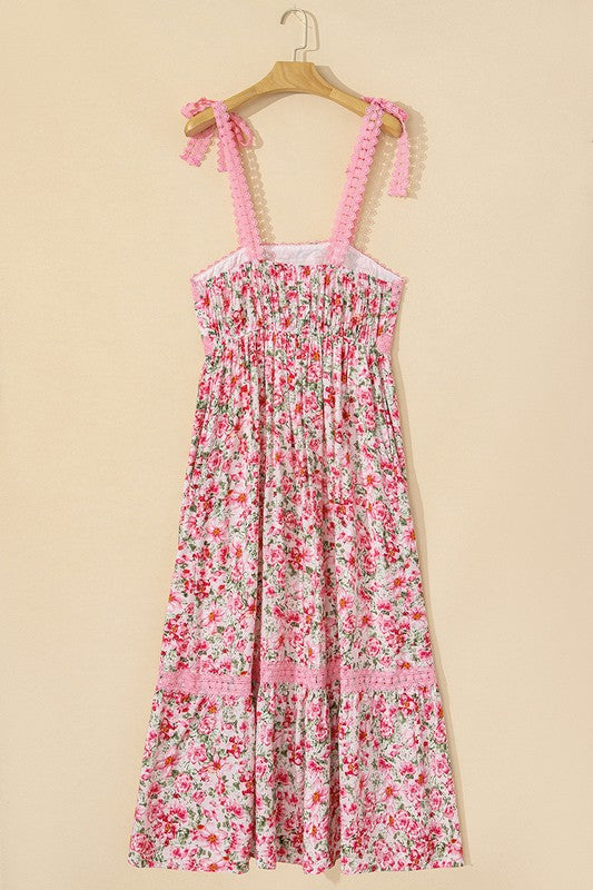 Pink Floral Lace Tied Strap Empire Waist Dress