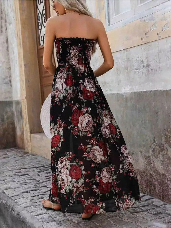 Miss Sparkling Floral Strapless High-Slit Maxi Dress