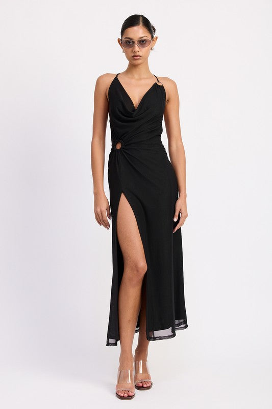 Emory Park Ruched Halter Midi Dress with Side Ring Cutout