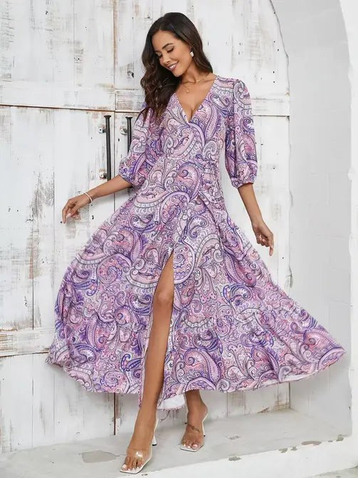 Miss Sparkling Elegant Floral Paisley Maxi Dress with Slit