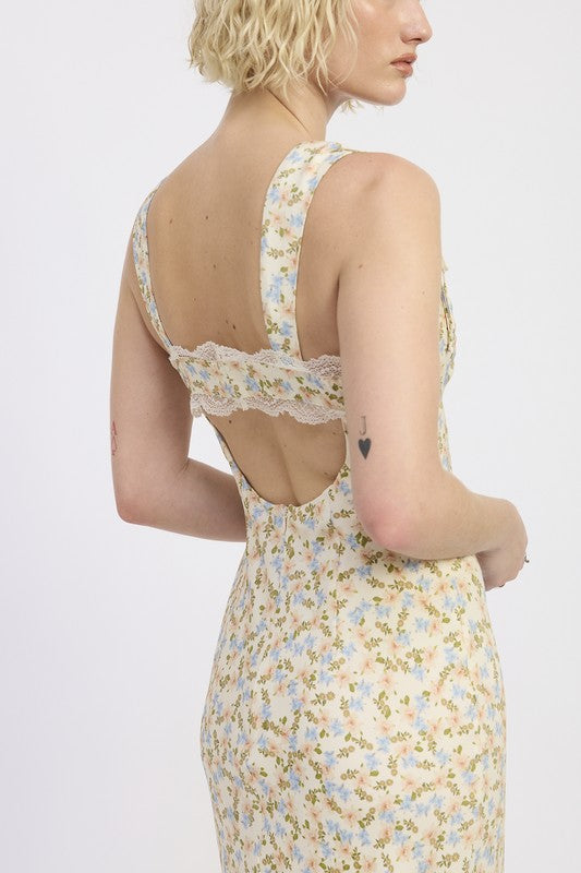 Emory Park | Ditsy Print Midi Dress with Cutout and Lace Trim