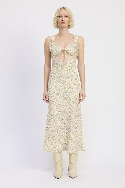 Emory Park | Ditsy Print Midi Dress with Cutout and Lace Trim