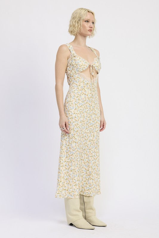 Emory Park | Ditsy Print Midi Dress with Cutout and Lace Trim