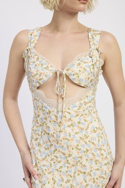 Emory Park | Ditsy Print Midi Dress with Cutout and Lace Trim