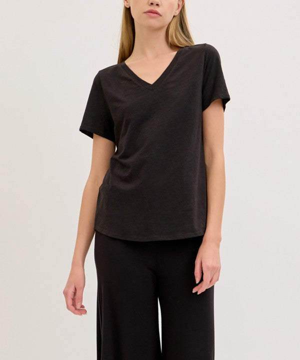 Fabina Bamboo Cotton Slub V-Neck Short Sleeve Top