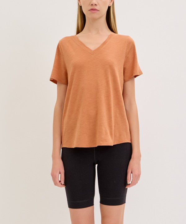Fabina Bamboo Cotton Slub V-Neck Short Sleeve Top