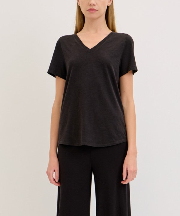 Fabina Bamboo Cotton Slub V-Neck Short Sleeve Top