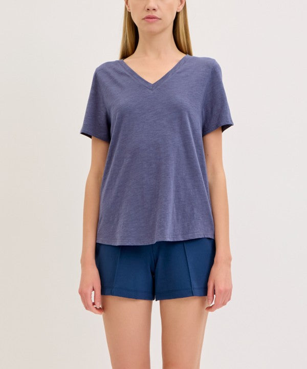 Fabina Bamboo Cotton Slub V-Neck Short Sleeve Top