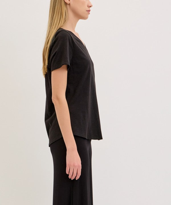Fabina Bamboo Cotton Slub V-Neck Short Sleeve Top