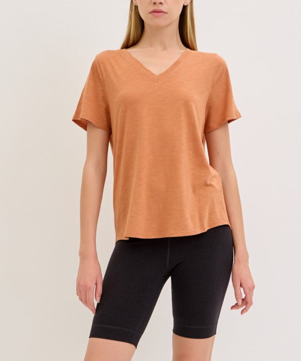 Fabina Bamboo Cotton Slub V-Neck Short Sleeve Top