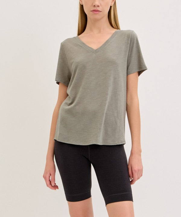 Fabina Bamboo Cotton Slub V-Neck Short Sleeve Top