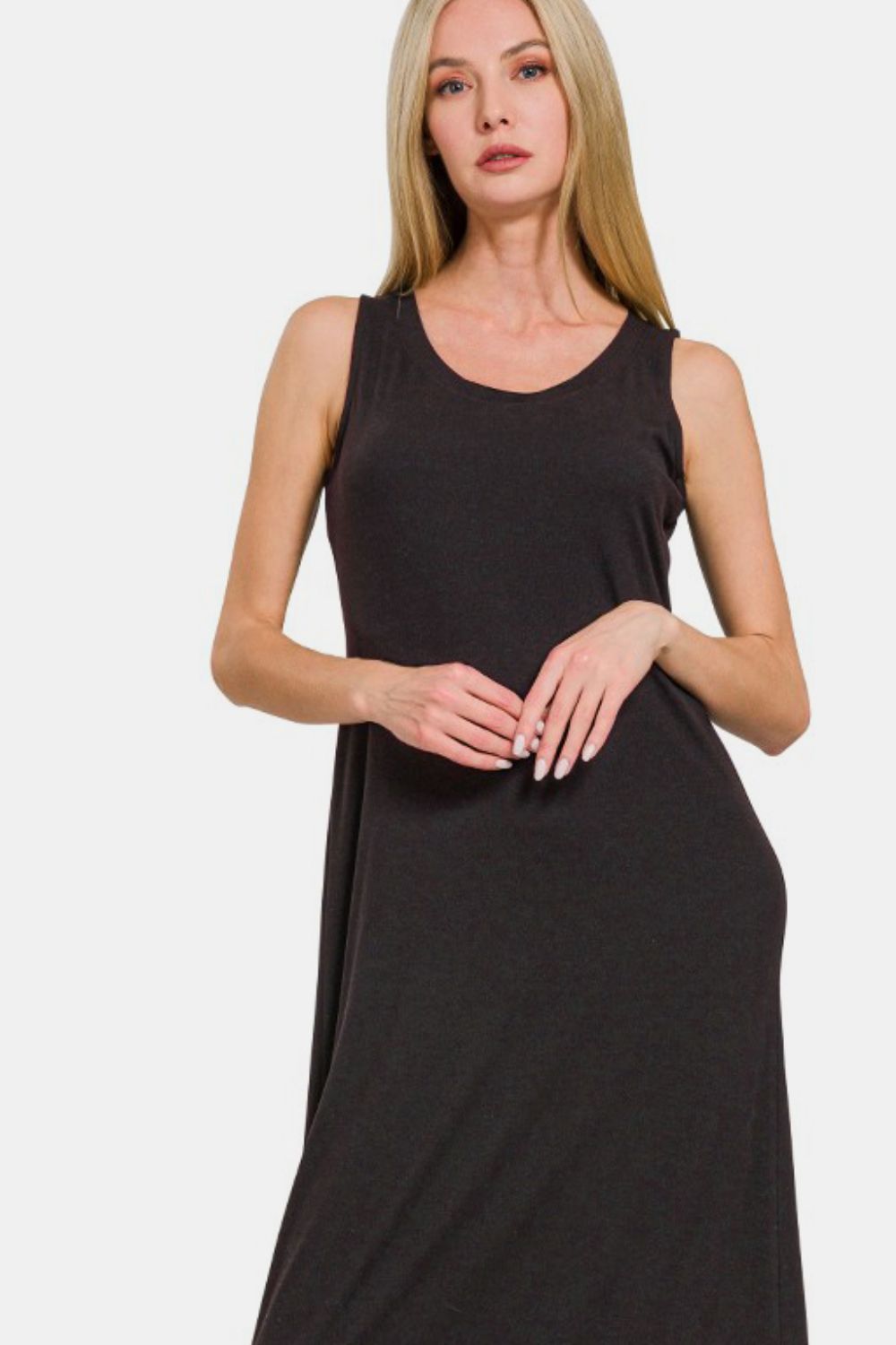Zenana Scoop Neck Wide Strap Tank Dress in Black