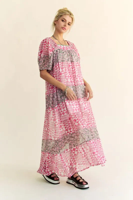 Davi & Dani Multi Floral Square Neck Puff Sleeve Maxi Dress in Pink