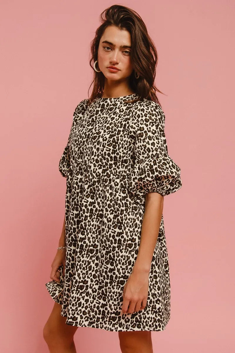 BiBi Leopard Denim Dress With Back Contrast Tie Detail