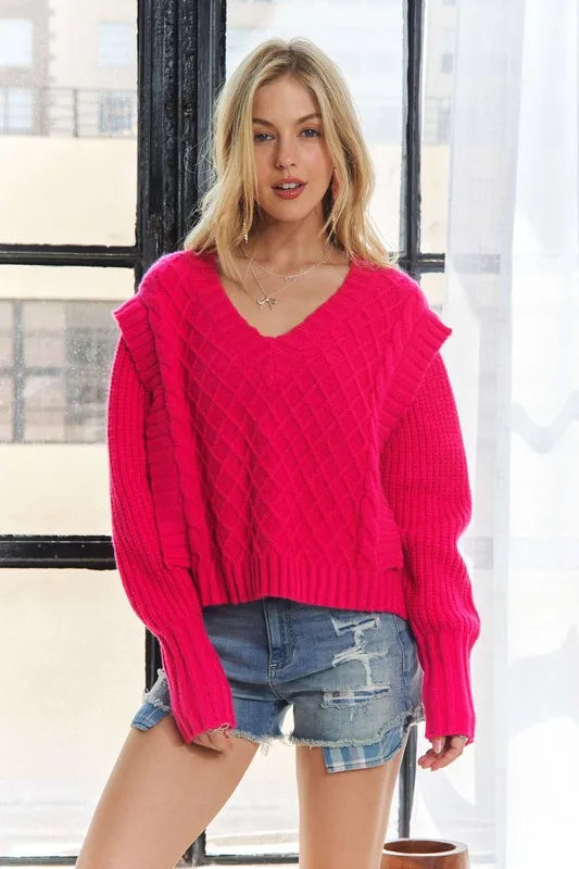 ADORA Ruffle Detail Adorable Sweater in Pink