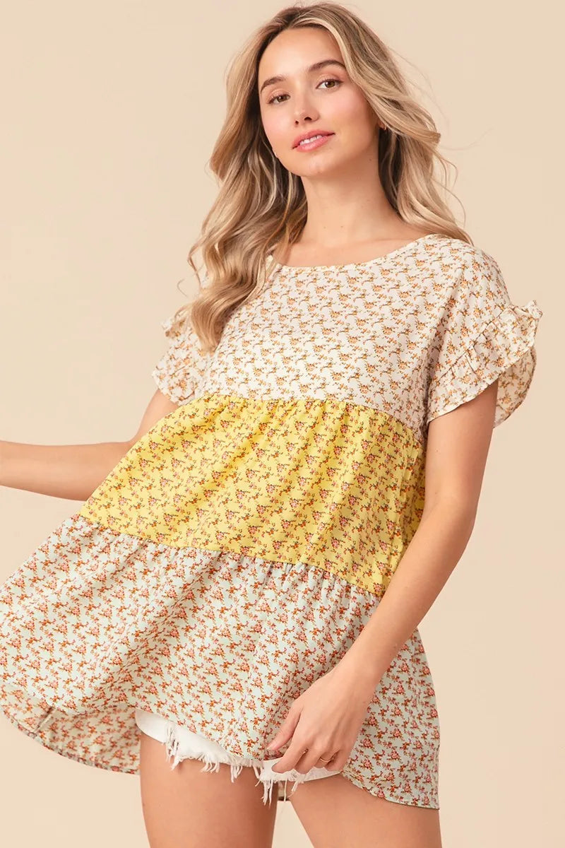 BiBi Flroal Printed Woven Color Block and Tiered Top in Yellow
