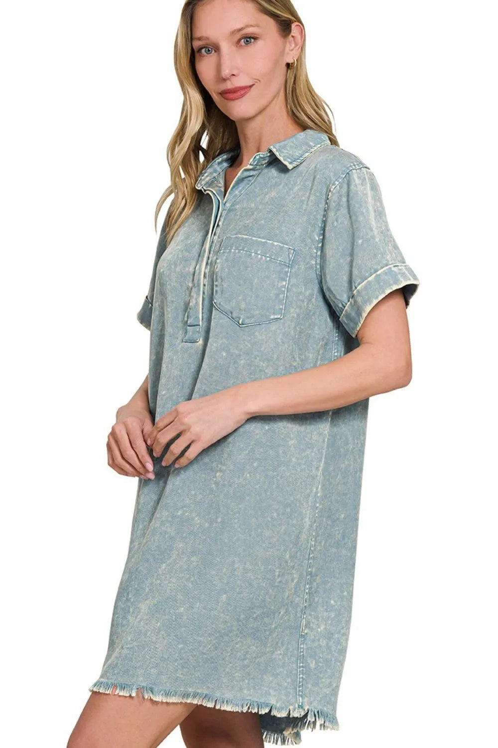 Zenana Tencel Mineral Washed Collared Shirts Dress in Blue Grey
