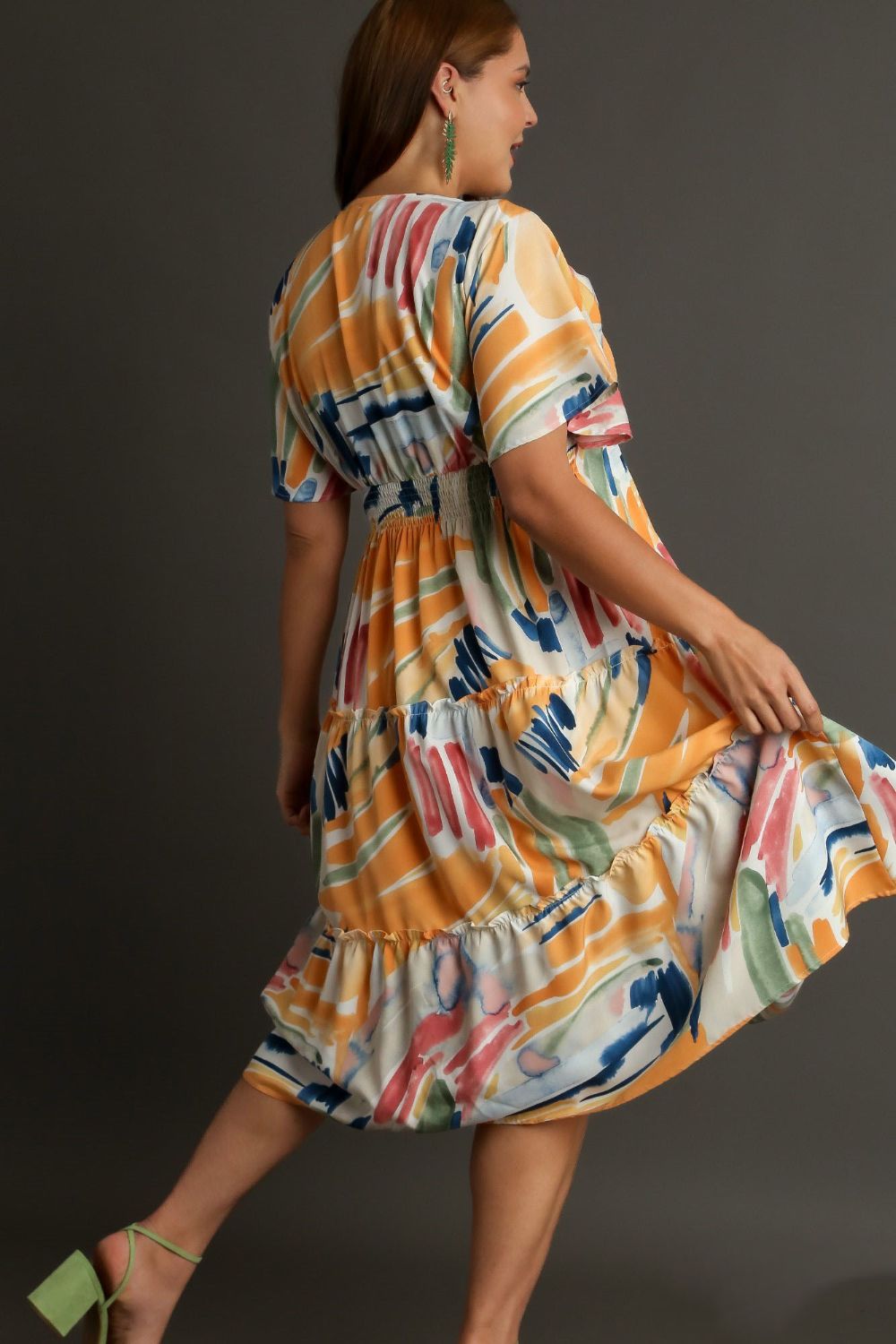 Umgee Full Size Abstract Print Flutter Sleeve Frill Tiered Midi Dress