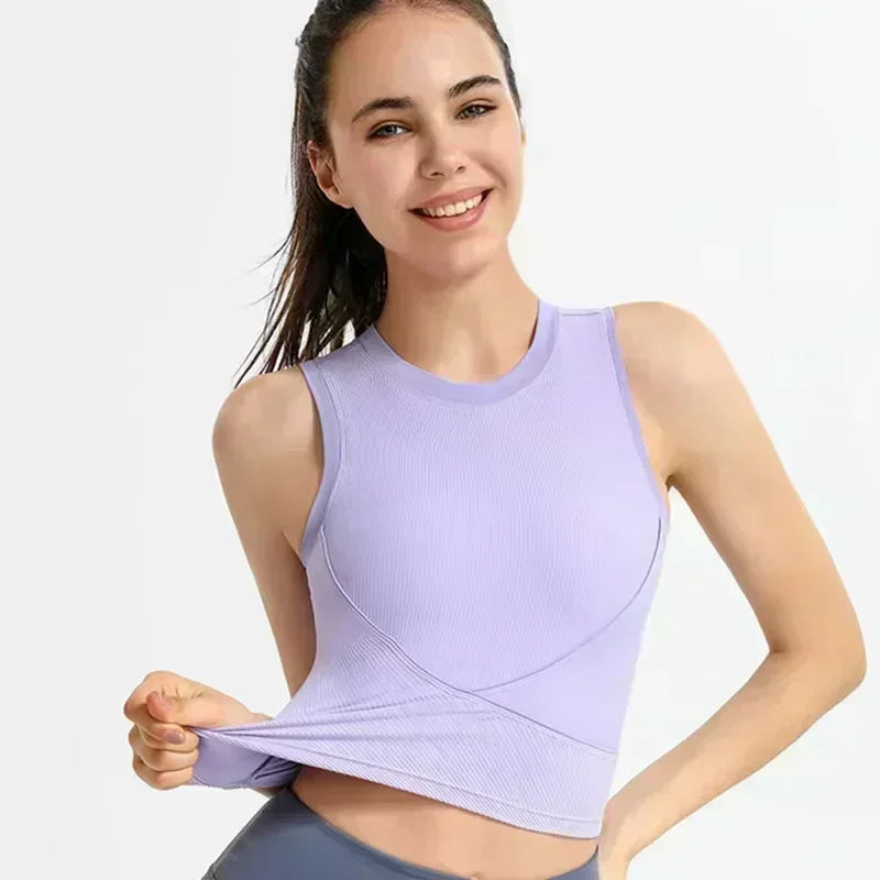 Lemon Women Yoga Sport Vest With Chest Pad Ribbing Fabric Gym Running Bra Sleeveless Quick Dry Pilates Rraining Fitness Tank Top