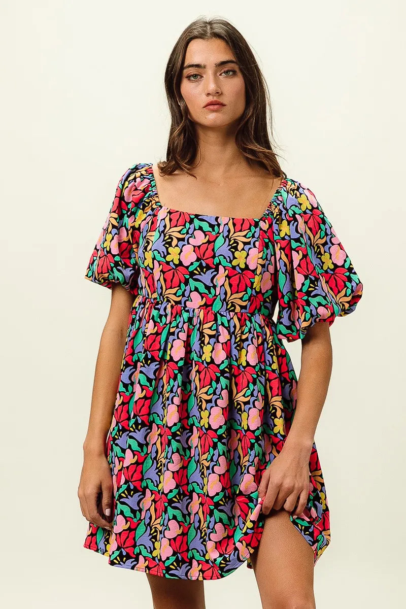 BiBi Floral Print Puff Square Neck Dress