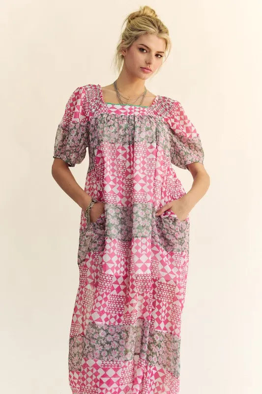 Davi & Dani Multi Floral Square Neck Puff Sleeve Maxi Dress in Pink