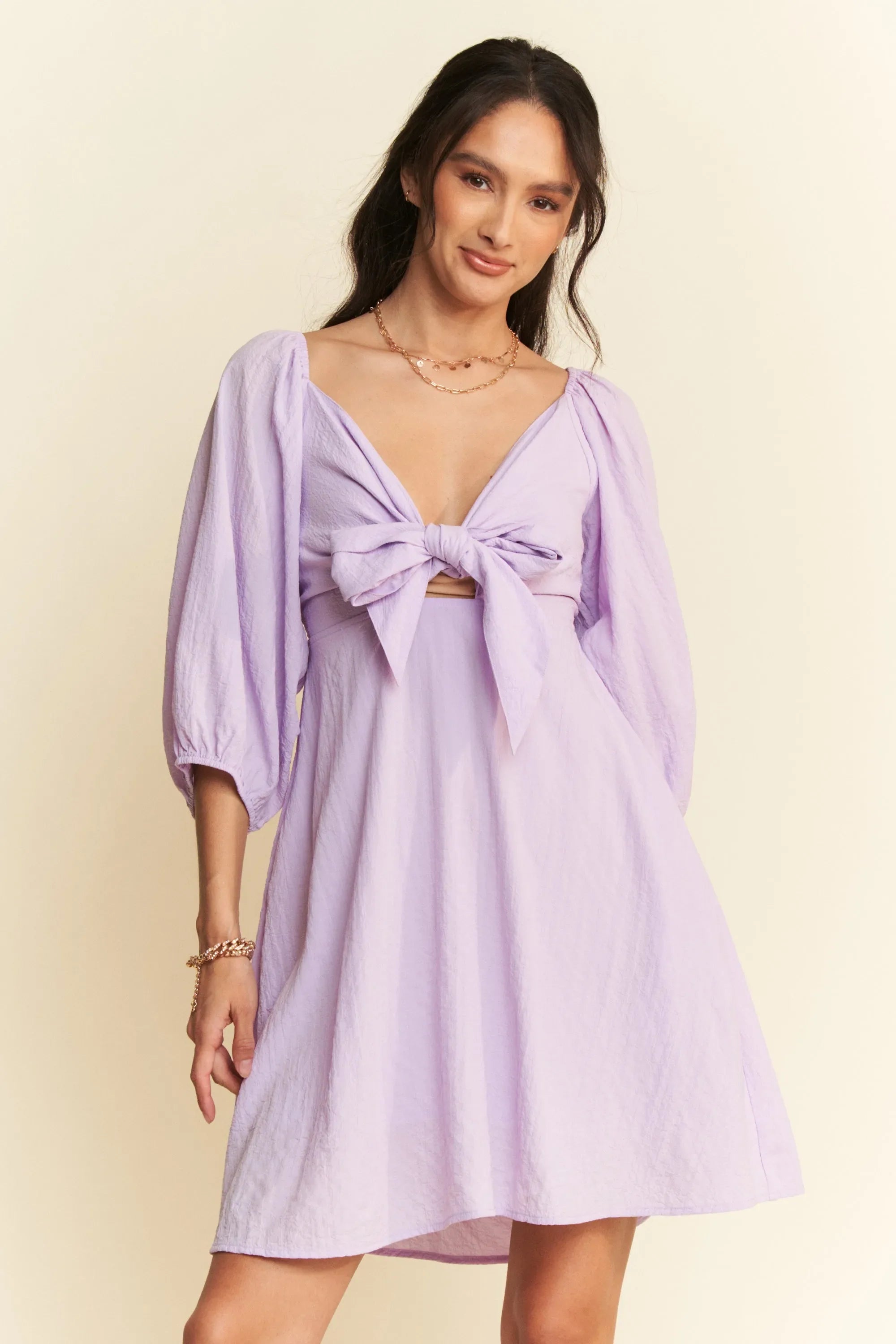 Davi & Dani Self-Tie Puff Sleeve Smocking Open Back Mini Dress