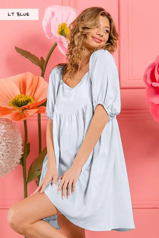 BiBi Washed Linen Tiered Midi Dress with Puff Sleeves in Blue