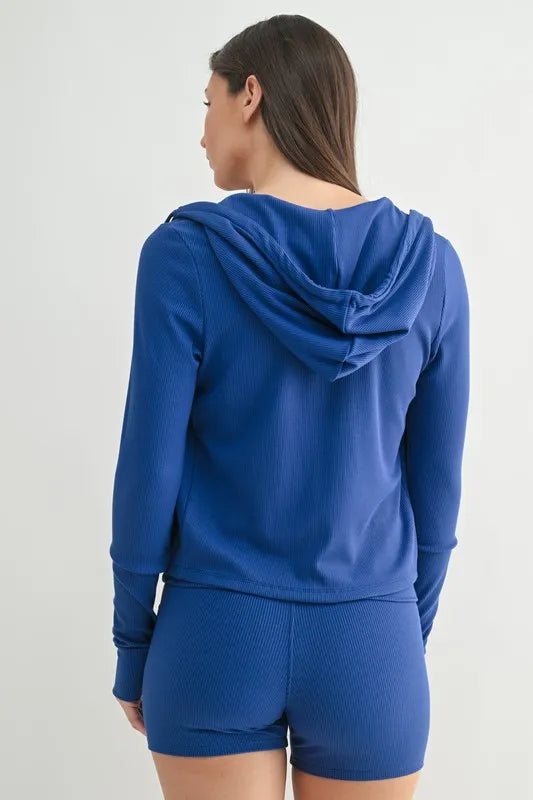 MONO B Ribbed Long Sleeve Hoodie in Blue