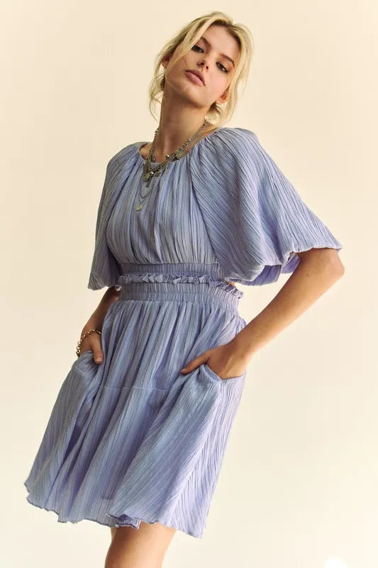 Davi & Dani Back Button Puff Sleeve Mini Dress in Lavender