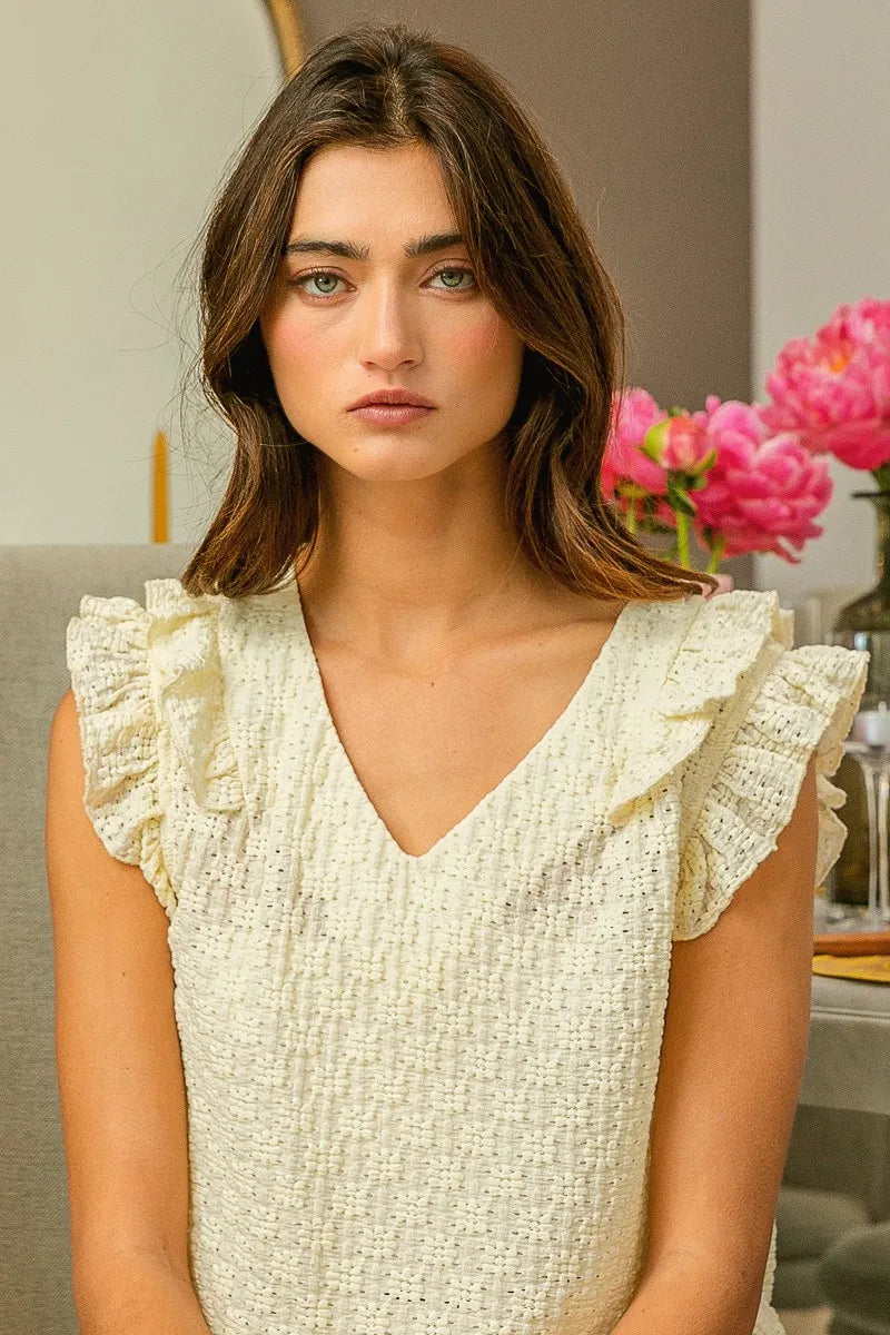 BiBi Floral Ruffled Armhole V-Neck Top