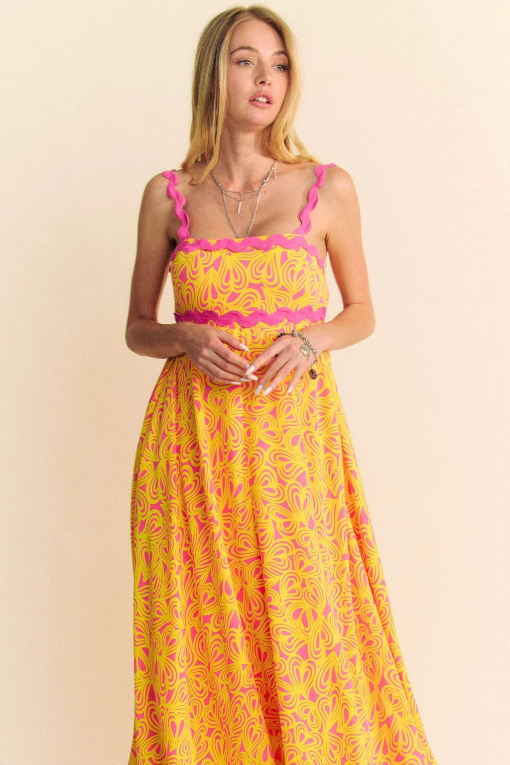 Davi & Dani Geo 2 Tone Printed Wavi Trim Tiered Maxi Dress