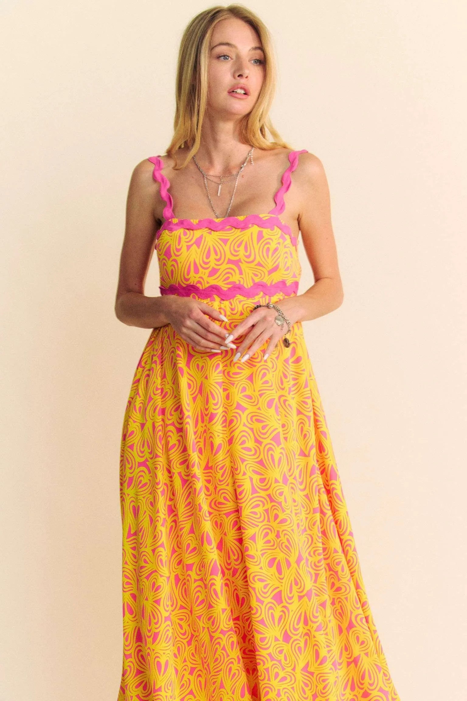 Davi & Dani Geo 2 Tone Printed Wavi Trim Tiered Maxi Dress