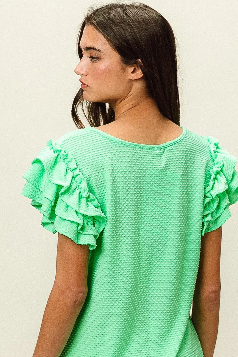 BiBi Birdseye Texture Layered Ruffle Top in Sage