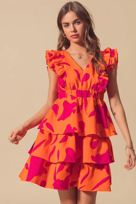 SO ME Floral V Neck Layered Dress with Elasticized Waist