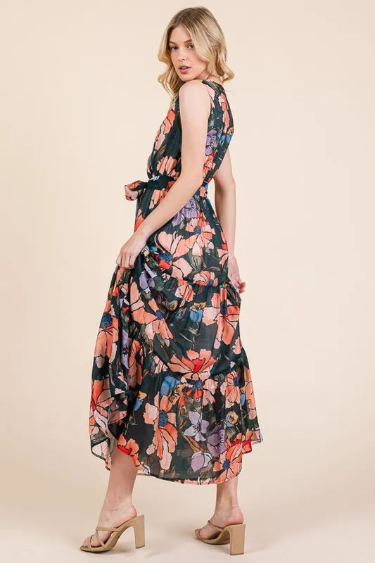 Lime 'N' Chili Floral Print Sleeveless Tie Waist Maxi Dress in Mutli