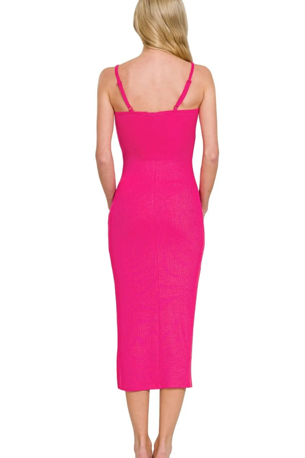 Zenana Ribbed Bodycon Midi Dress in Pink