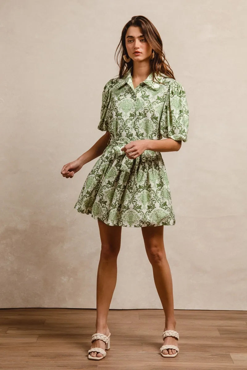 BiBi Tied Floral Short Sleeve Mini Shirt Dress