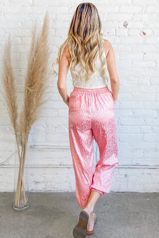 And The Why Satin Leopard Print Joggers in Pink