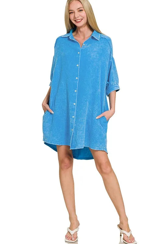 Zenana Washed Double Gauze Button Down Shirt Dress in Sky