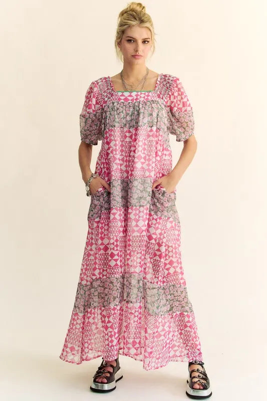 Davi & Dani Multi Floral Square Neck Puff Sleeve Maxi Dress in Pink