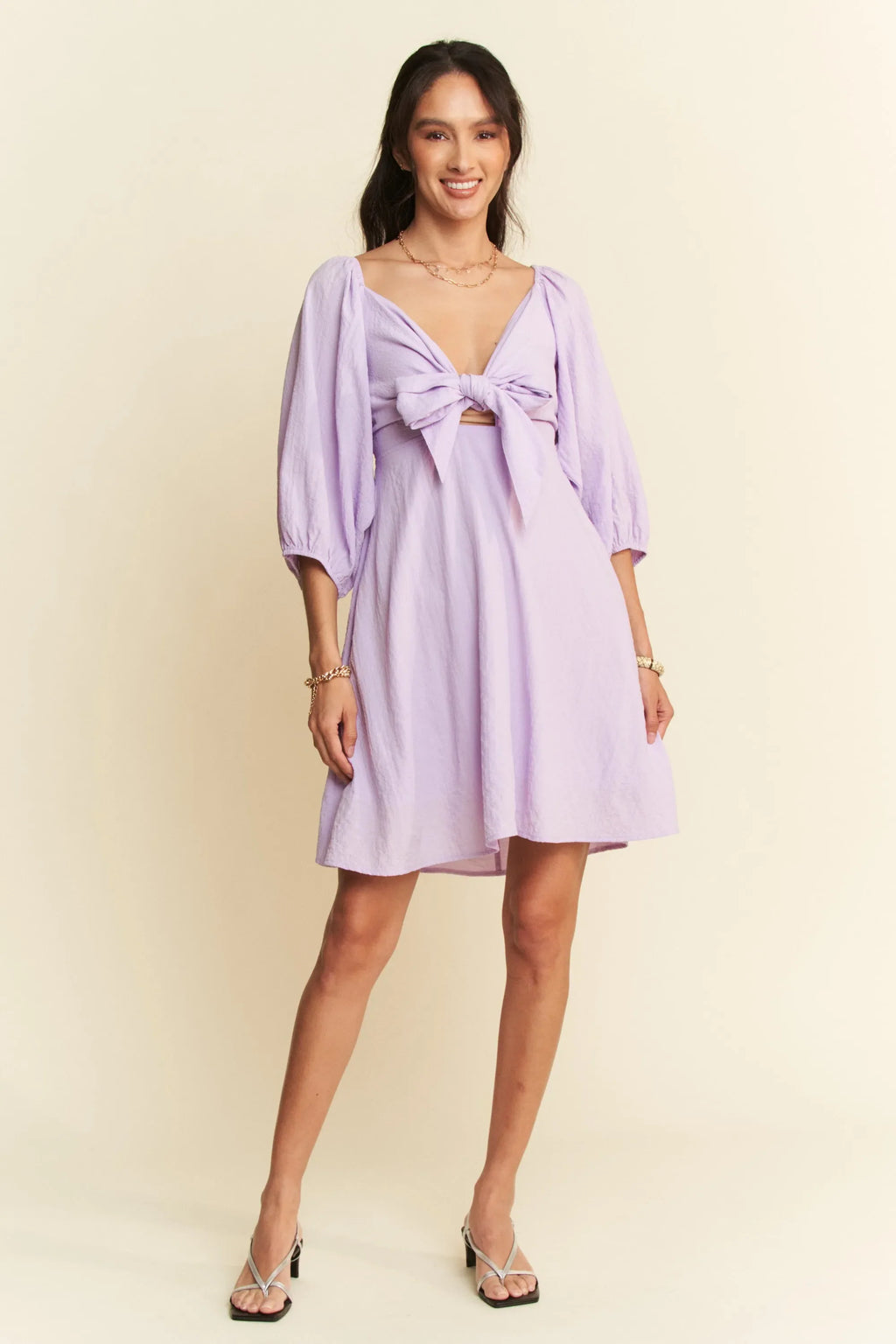 Davi & Dani Self-Tie Puff Sleeve Smocking Open Back Mini Dress