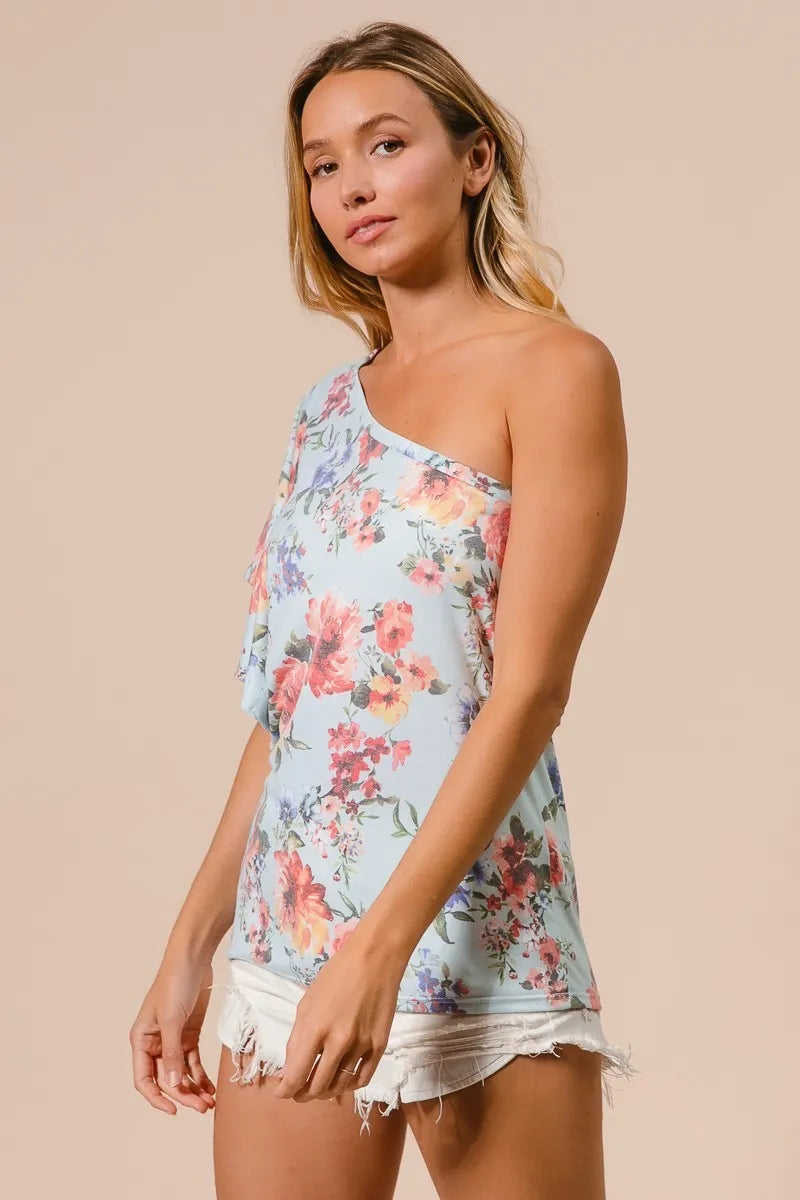 BiBi Floral Printed Jersey Knit Ruffle Sleeve Top