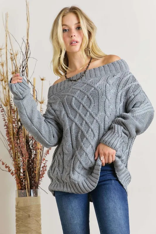 ADORA  Cable Knit Off Shoulder Sweater in Grey