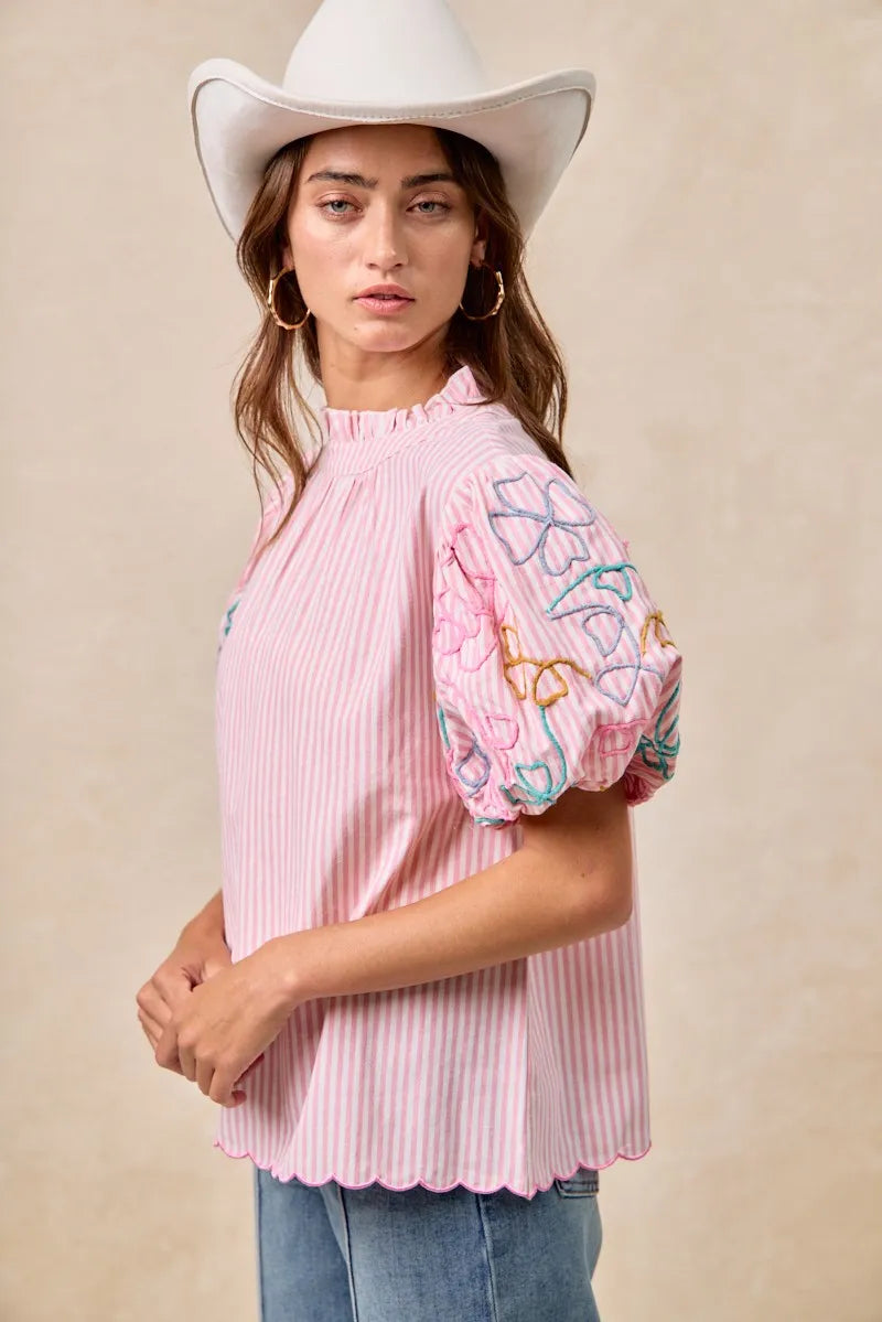 BiBi Embroidery Bubble Sleeve Top With Bottom Scallop Detail