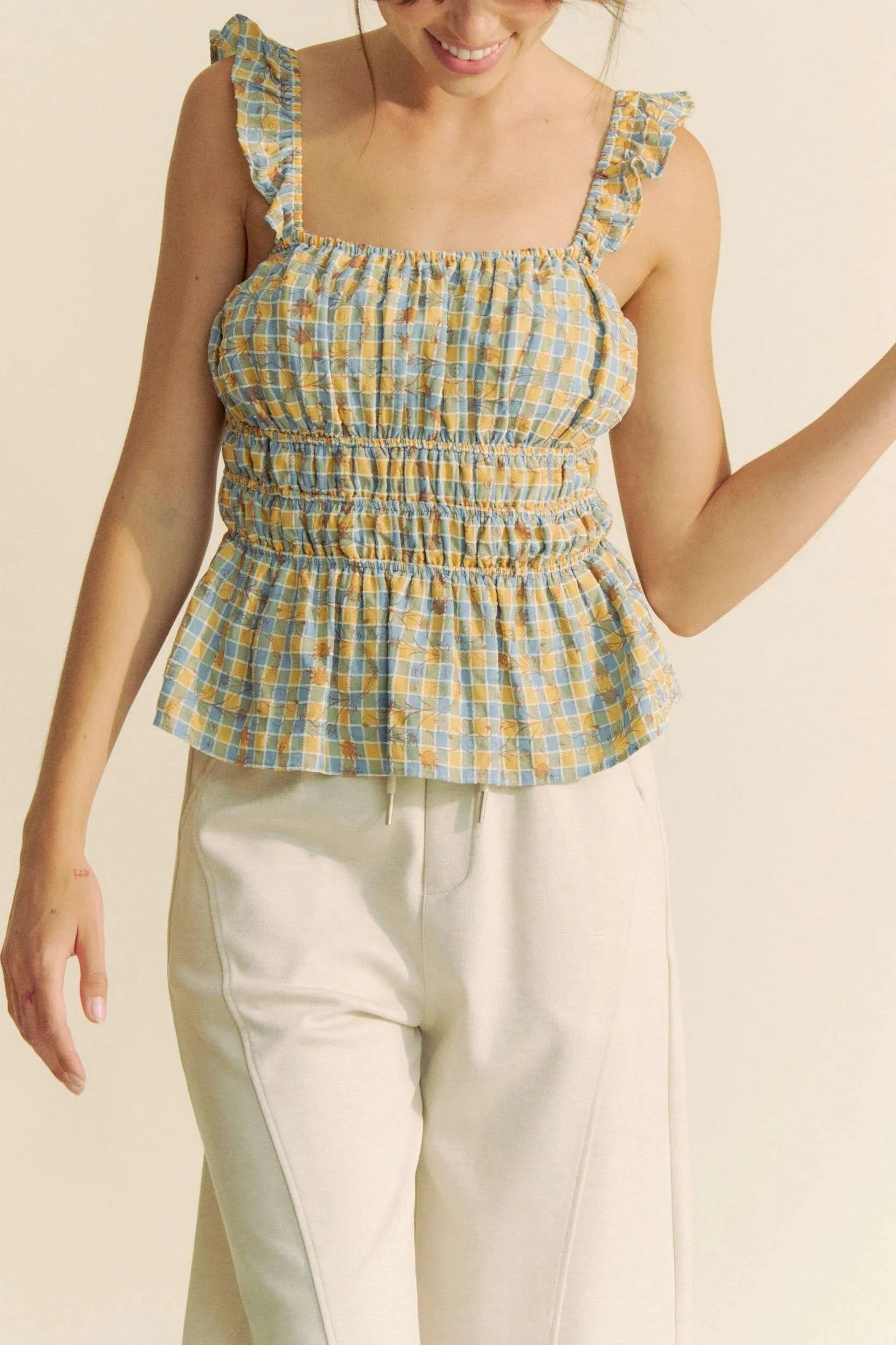 Davi & Dani Plaid Ruffled Strap Smocked Sleeveless Top