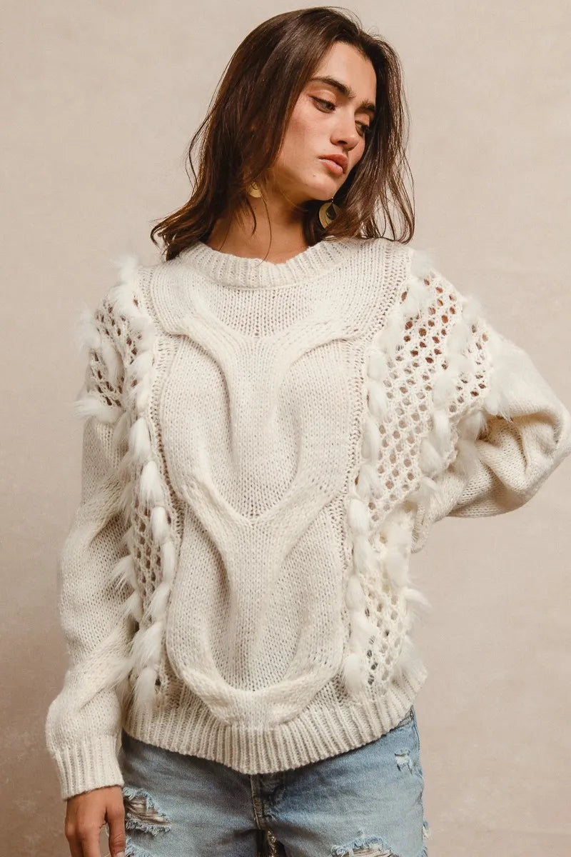 BiBi Faux Fur Detailed Pointelle Cable Knit Sweater