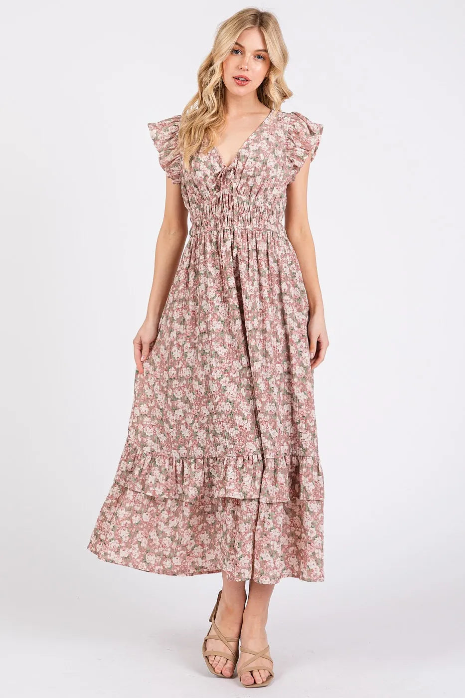 Mittoshop Flower Print Ruffle Cap Sleeve V-neck Midi Dress in Mauve