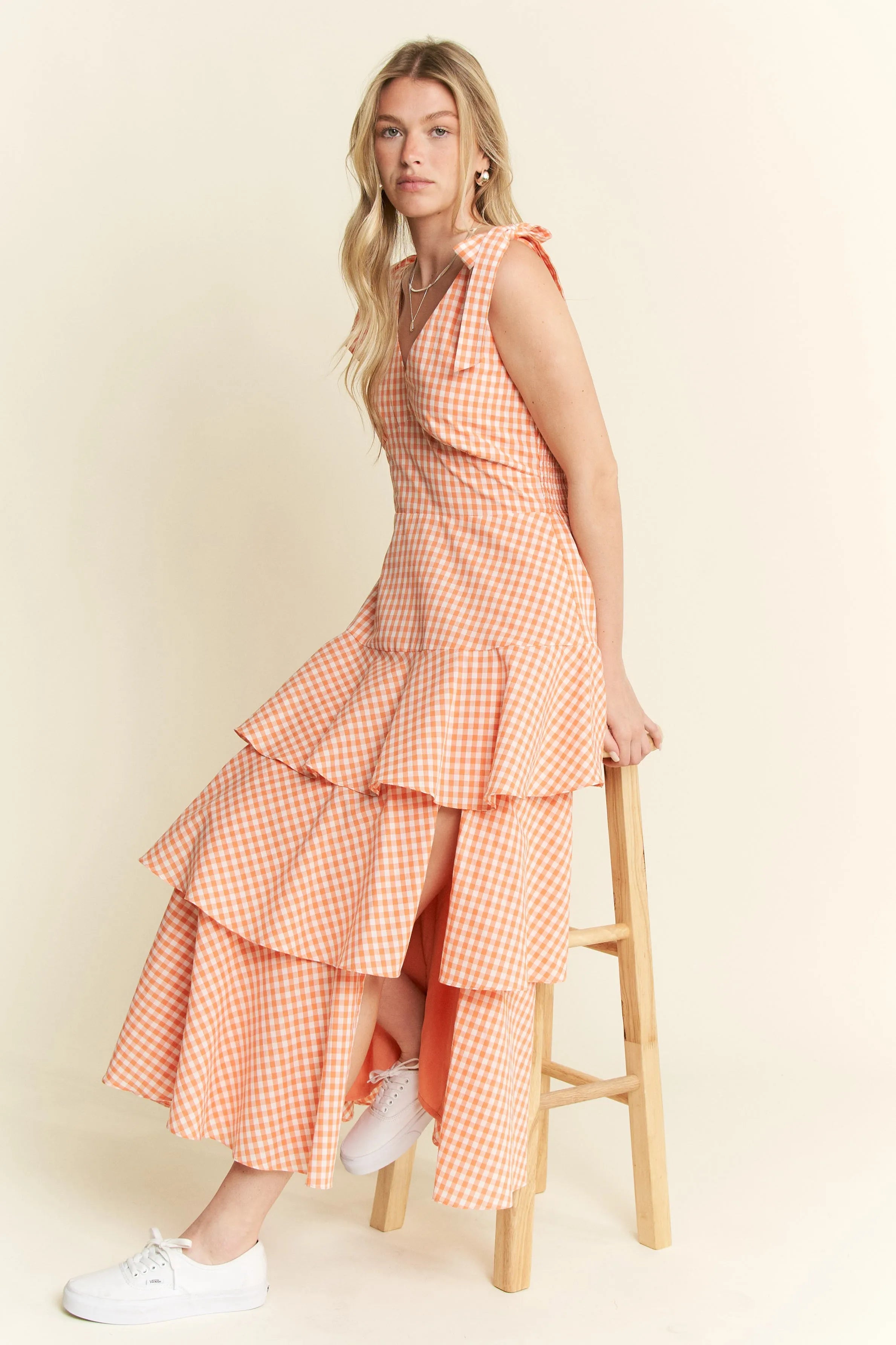 Jade By Jane Sleeveless Gingham Print Tiered Midi Dress